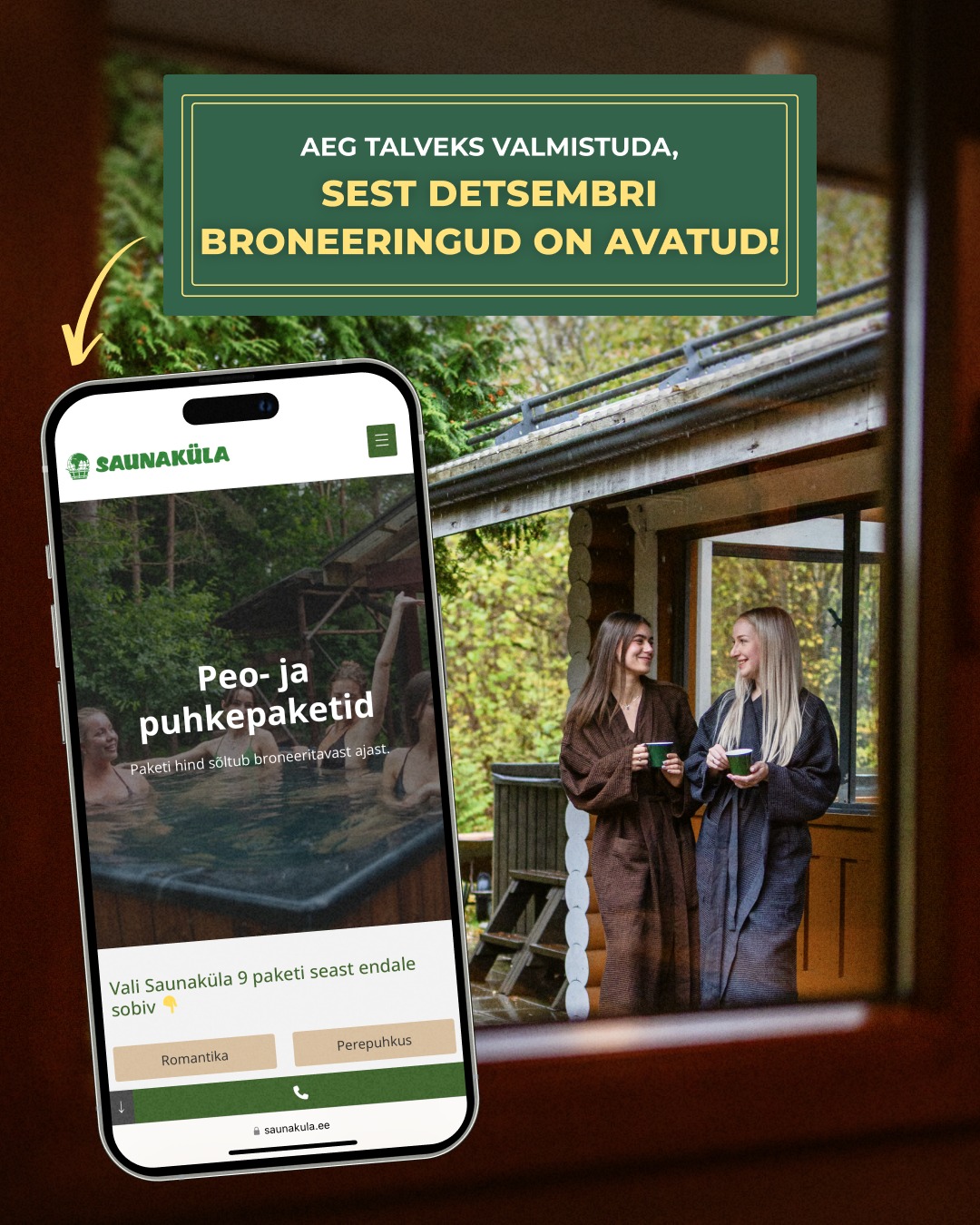 Pühadeaeg, jõulutuled, kuum saun ja hubane meeleolu – kõik see ootab Saunakülas.

❄️ Mis muudab detsembrikuu siin eriliseks?
🔥 Saun ja kümblustünn külmas talves
🌲 Muinasjutuline mets ja täielik vaikus
🎉 Ideaalne koht pidudeks ja sõpradega koosviibimisteks
🍷 Klaasike glögi ja hubased hetked

📅 Talvised broneeringud on juba avatud 👉 saunakula.ee
📧 sauna@saunamaailm.ee
📞 +372 55 000 75

#saunaküla #talvepuhkus #detsember #jõuluaeg #saunapuhkus #tünnisaun #metsapuhkus #pühadehooaeg #hubanemeelolu #lõõgastus #pidu #sõpradega #perepuhkus #eestimetsad #puhkuslooduses #glögi #saunaelamus #privaatnepuhkus