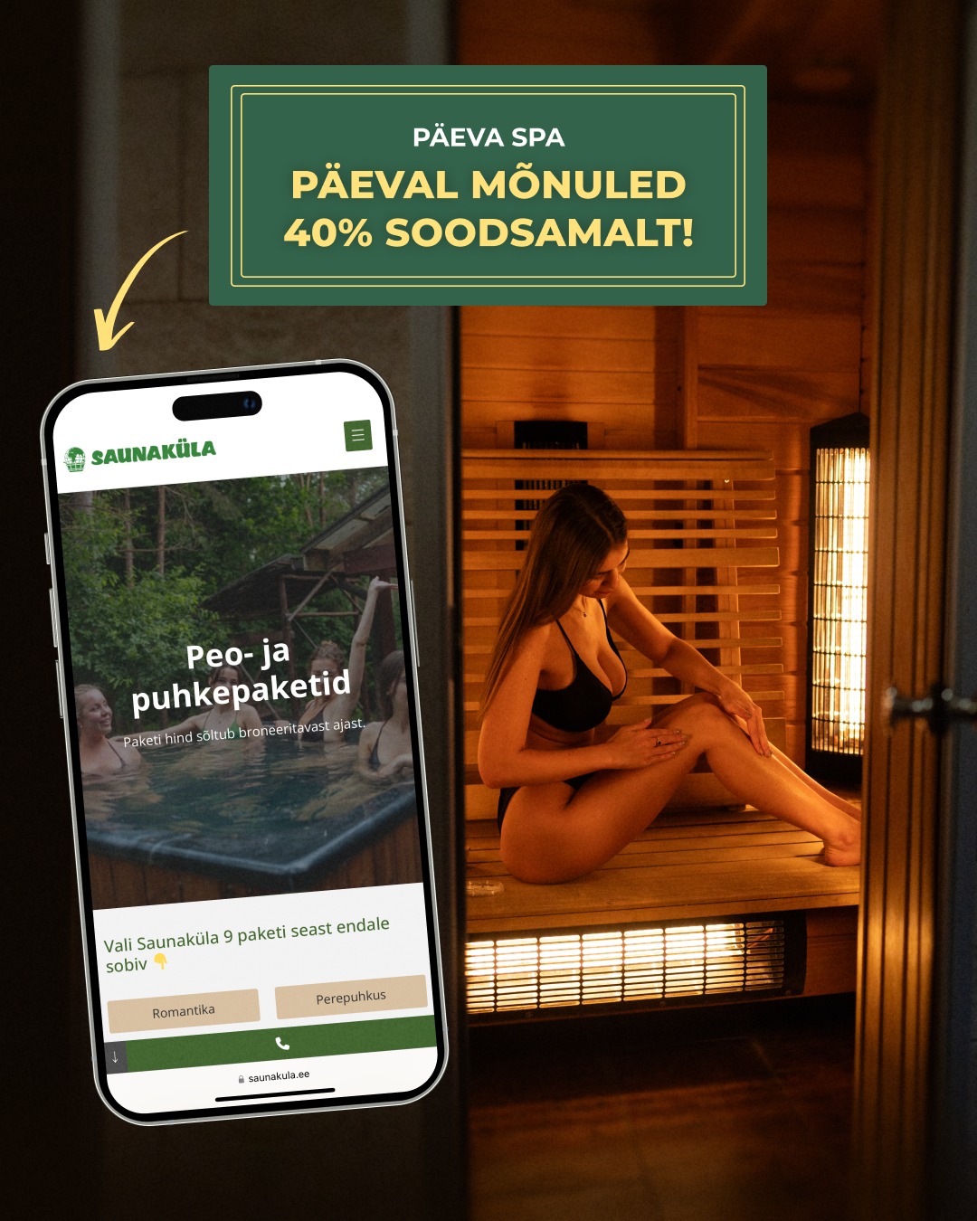 Esmaspäevast neljapäevani kell 10:00 kuni 17:00 saad nautida Saunaküla “Jahimaja” võlusid 40% soodsamalt! 🏡

Hind sisaldab:
🌿 Saunaviht
🌿 Kaks pudelit vett
🌿 Aroomiõli saunaks

Vürtsita oma halli argipäeva ja veeda pere ning sõpradega kvaliteetaega suurepärase hinna juures.

📲 Broneeri kohe: saunakula.ee
📩 sauna@saunamaailm.ee 
📞 +372 55 000 75

#saunaküla #talvinepuhkus #saun #perepuhkus #lõõgastus