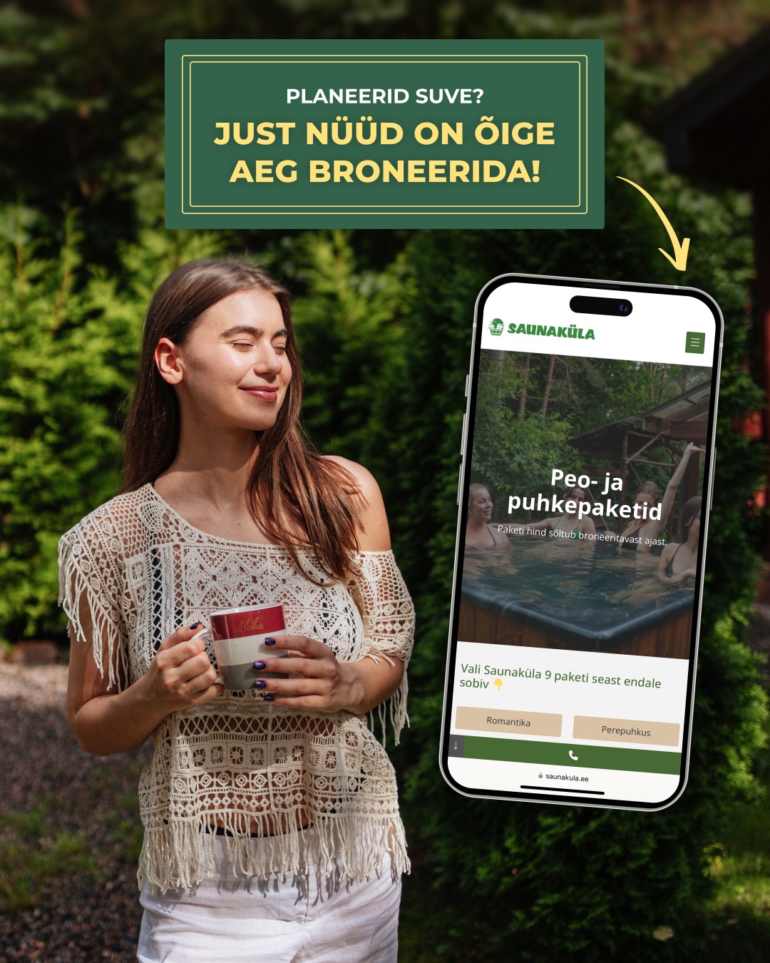 ✨ Kõige populaarsemad kuupäevad lähevad nagu soojad saiad. Ära lase käest võimalust veeta ideaalne suvine nädalavahetus looduses!

🔥 Igas majas on oma saun
💦 Kuum kümblustünn vabas õhus
🍽 Terrass grillimiseks ja mõnusateks õhtuteks
🌿 Avatud territoorium – naabritest ja linnakärast eemal

📅 Broneeri suvepuhkus juba täna 👉 saunakula.ee
📧 sauna@saunamaailm.ee
📞 +372 55 000 75